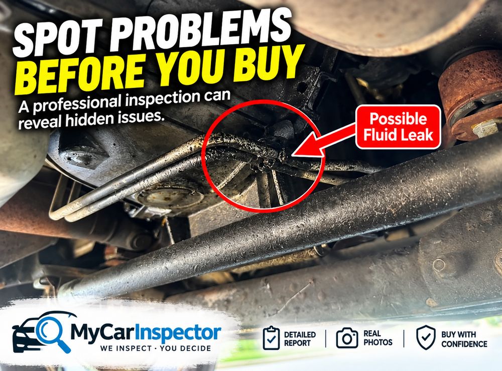 Underside of a vehicle with a suspected fluid leak circled and labeled