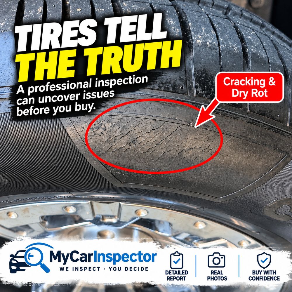 Cracking and dry rot in a tire sidewall, circled and labeled